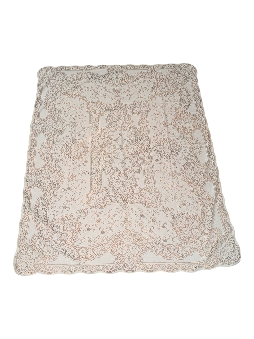 VTG Victorian Ecru Rectangular Floral Lace Scalloped Tablecloth Overlay 69x53.5